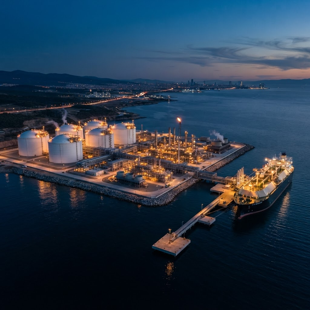 Aerial view of an LNG terminal at dusk with storage tanks and a docked carrier
